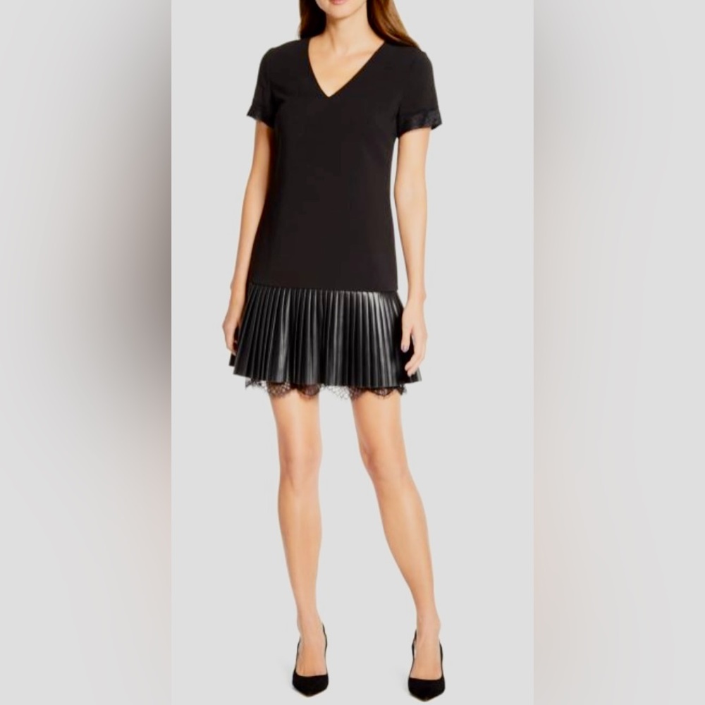 KARL LAGERFELD PARIS Lace-Trim Dropped Waist Mini Dress w Faux Leather Flounce